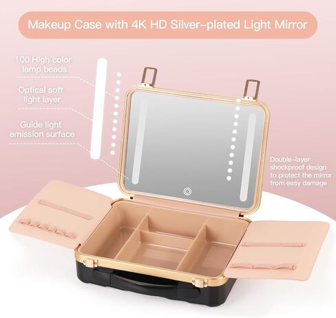 حقيبة مكياج BEAUTY CASE مع مرآة LED 4K، حقيبة تنظيم مستحضرات التجميل بغطاء صلب ABS مقاوم للصدمات مقاس 12 بوصة، صندوق مستحضرات تجميل محمول للسفر مع إطار من الألومنيوم، مشبك تثبيت، هدية للنساء والفتيات، وردي in Saudi Arabia