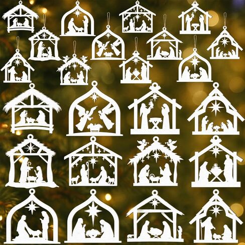 Qunclay 36 Pcs Christmas Nativity Scene Ornaments Wooden Religious Christmas Tree Decorations Birth of Jesus Christian House Xmas Wood Hanging Ornaments for Tree Home Window Xmas Gift(Black,Classic) in Saudi Arabia