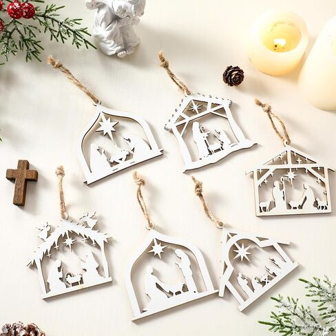 Qunclay 36 Pcs Christmas Nativity Scene Ornaments Wooden Religious Christmas Tree Decorations Birth of Jesus Christian House Xmas Wood Hanging Ornaments for Tree Home Window Xmas Gift(Black,Classic) in Saudi Arabia