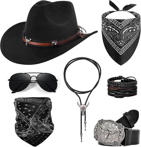 Cowboy Costume Outfit for Men Women Cowboy Hat Accessories Set, Black Western Outfit with Buckle Belt, Bandanas, Sunglasses, Necktie, Mask and Bracelet, Rodeo Halloween Cosplay Party Outfit Kit (7pcs) in Saudi Arabia