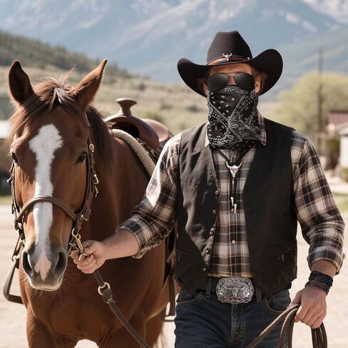 Cowboy Costume Outfit for Men Women Cowboy Hat Accessories Set, Black Western Outfit with Buckle Belt, Bandanas, Sunglasses, Necktie, Mask and Bracelet, Rodeo Halloween Cosplay Party Outfit Kit (7pcs) in Saudi Arabia