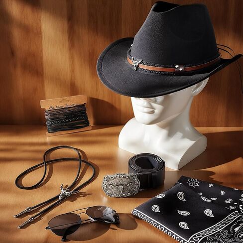 Cowboy Costume Outfit for Men Women Cowboy Hat Accessories Set, Black Western Outfit with Buckle Belt, Bandanas, Sunglasses, Necktie, Mask and Bracelet, Rodeo Halloween Cosplay Party Outfit Kit (7pcs) in Saudi Arabia