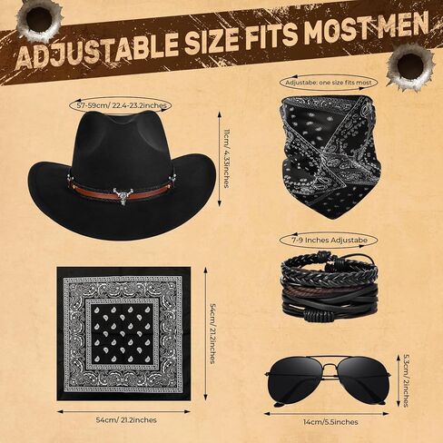Cowboy Costume Outfit for Men Women Cowboy Hat Accessories Set, Black Western Outfit with Buckle Belt, Bandanas, Sunglasses, Necktie, Mask and Bracelet, Rodeo Halloween Cosplay Party Outfit Kit (7pcs) in Saudi Arabia