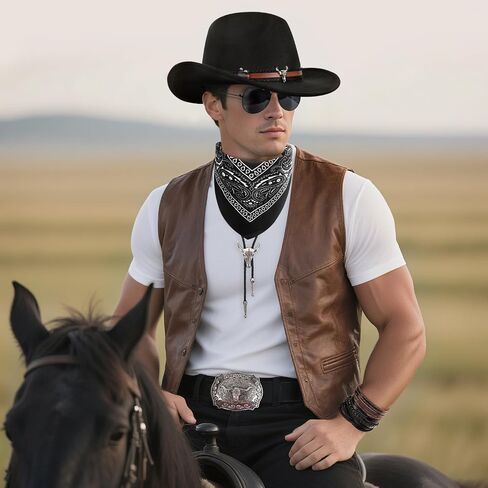 Cowboy Costume Outfit for Men Women Cowboy Hat Accessories Set, Black Western Outfit with Buckle Belt, Bandanas, Sunglasses, Necktie, Mask and Bracelet, Rodeo Halloween Cosplay Party Outfit Kit (7pcs) in Saudi Arabia