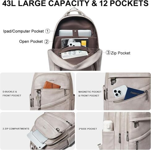 حقيبة الظهر 43L للنساء للنساء - حقيبة الظهر النباتية على ظهر حقيبة تحمل حقيبة الكتب الكلية التي تناسب 17 "كمبيوتر محمول ، براون in Kuwait