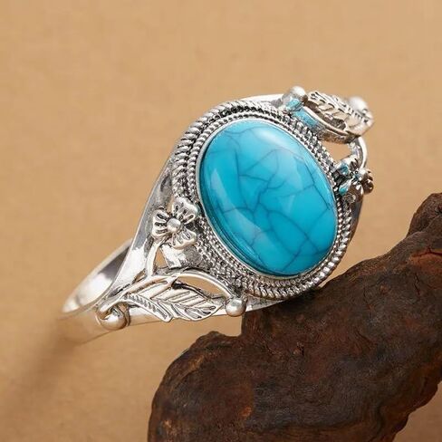 Handcrafted Silver-Tone Alloy Turquoise Bracelet for Women - Vintage-Style Southwestern Jewelry with Artificial Turquoise Stone - Boho Chic Cuff Bracelet in Saudi Arabia