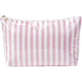 Large Waterproof Travel Striped Makeup Bag, Aesthetic PVC Toiletry Bag, Coquette Cosmetic Bag, Sunscreen Accessories Storage Organization, Beach Travel Purse(Pink) in Saudi Arabia
