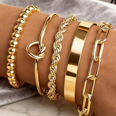 Gold Bracelets for Women, 5 Pcs Non-Tarnish Gold Plated Stackable Bangles with Beaded, Knot, Twisted, Cuff & Chain Designs, Everyday Jewelry Gifts​ in Saudi Arabia