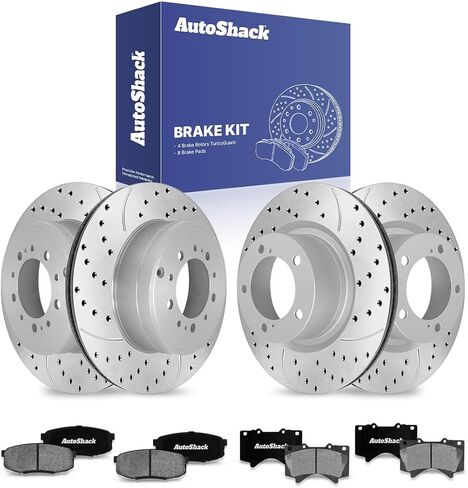 AutoShack Front & Rear Drilled & Slotted Brake Rotors Ceramic Brake Pads | Replacement for Lexus LX570 Toyota Sequoia Land Cruiser 2007-2021 Tundra | Silver Matte Finish | 12-PC Brake Kit | TurboGuard in Saudi Arabia