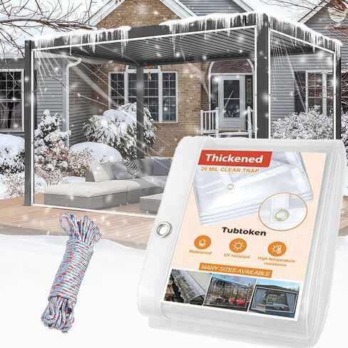 20 مل من القماش المشمع PVC الشفاف مقاس 8 × 10 قدم، قماش الفينيل الشفاف المقاوم للماء والرياح للفناء والعريشة والحديقة والمظلة المقاومة للمطر وغطاء سميك من البولي فينيل كلوريد مع حلقات تثبيت (8 × 10 قدم) in Kuwait