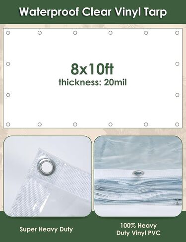 20 مل من القماش المشمع PVC الشفاف مقاس 8 × 10 قدم، قماش الفينيل الشفاف المقاوم للماء والرياح للفناء والعريشة والحديقة والمظلة المقاومة للمطر وغطاء سميك من البولي فينيل كلوريد مع حلقات تثبيت (8 × 10 قدم) in Kuwait