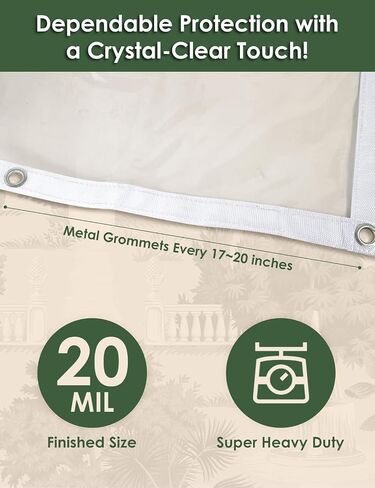 20 مل من القماش المشمع PVC الشفاف مقاس 8 × 10 قدم، قماش الفينيل الشفاف المقاوم للماء والرياح للفناء والعريشة والحديقة والمظلة المقاومة للمطر وغطاء سميك من البولي فينيل كلوريد مع حلقات تثبيت (8 × 10 قدم) in Kuwait