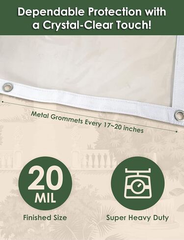 20 مل من القماش المشمع PVC الشفاف مقاس 8 × 10 قدم، قماش الفينيل الشفاف المقاوم للماء والرياح للفناء والعريشة والحديقة والمظلة المقاومة للمطر وغطاء سميك من البولي فينيل كلوريد مع حلقات تثبيت (8 × 10 قدم) in Kuwait