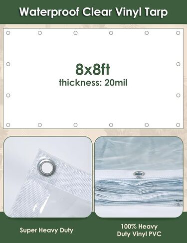 20 مل من القماش المشمع PVC الشفاف مقاس 8 × 10 قدم، قماش الفينيل الشفاف المقاوم للماء والرياح للفناء والعريشة والحديقة والمظلة المقاومة للمطر وغطاء سميك من البولي فينيل كلوريد مع حلقات تثبيت (8 × 10 قدم) in Kuwait