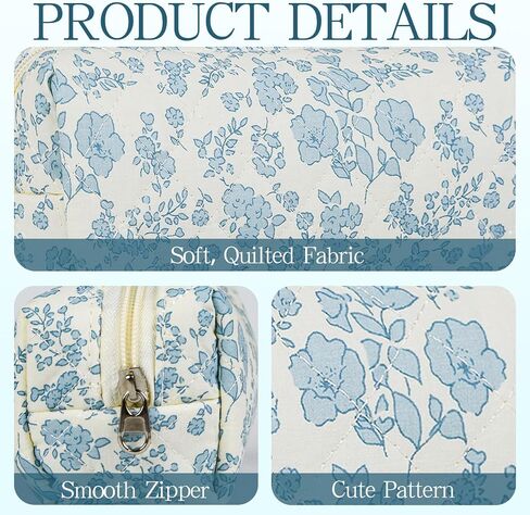 Quilted Makeup Brush Bag, Travel Cosmetic Organizer Pouch for Brushes & Essentials, Small Cotton Floral Makeup Bag for Women Girls in Saudi Arabia