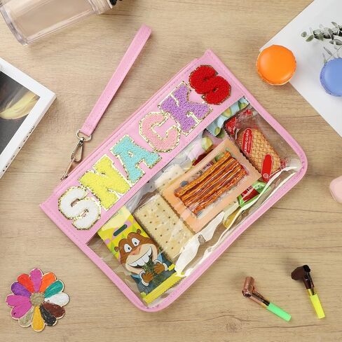 Clear Snack Bag for Travel, Chenille Letter Clear Zipper Snacks Pouch Nylon Cosmetic Bag Makeup Travel Bag for Women in Saudi Arabia