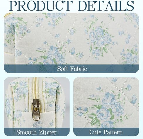 Quilted Makeup Brush Bag, Travel Cosmetic Organizer Pouch for Brushes & Essentials, Small Cotton Floral Makeup Bag for Women Girls in Saudi Arabia