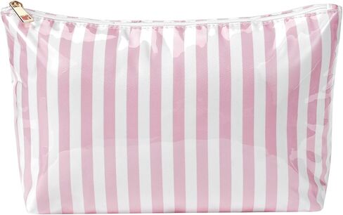 Large Waterproof Travel Striped Makeup Bag, Aesthetic PVC Toiletry Bag, Coquette Cosmetic Bag, Sunscreen Accessories Storage Organization, Beach Travel Purse(Pink) in Saudi Arabia