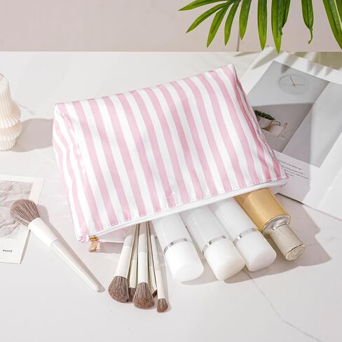 Large Waterproof Travel Striped Makeup Bag, Aesthetic PVC Toiletry Bag, Coquette Cosmetic Bag, Sunscreen Accessories Storage Organization, Beach Travel Purse(Pink) in Saudi Arabia