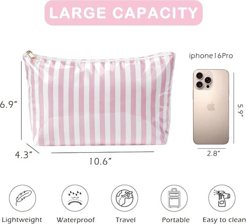 Large Waterproof Travel Striped Makeup Bag, Aesthetic PVC Toiletry Bag, Coquette Cosmetic Bag, Sunscreen Accessories Storage Organization, Beach Travel Purse(Pink) in Saudi Arabia