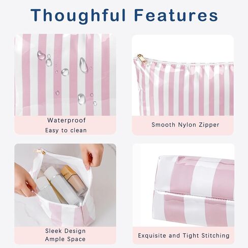 Large Waterproof Travel Striped Makeup Bag, Aesthetic PVC Toiletry Bag, Coquette Cosmetic Bag, Sunscreen Accessories Storage Organization, Beach Travel Purse(Pink) in Saudi Arabia