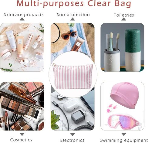Large Waterproof Travel Striped Makeup Bag, Aesthetic PVC Toiletry Bag, Coquette Cosmetic Bag, Sunscreen Accessories Storage Organization, Beach Travel Purse(Pink) in Saudi Arabia