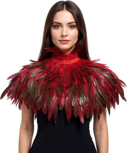 Gothic Feather Cape for Halloween – Handmade Rooster Feather Shoulder Shawl, Masquerade Costume Collar Accessory (Rose red) in Kuwait