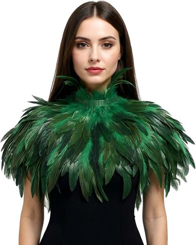 Gothic Feather Cape for Halloween – Handmade Rooster Feather Shoulder Shawl, Masquerade Costume Collar Accessory (Rose red) in Kuwait