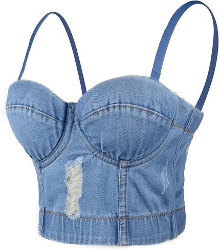 ELLACCI Women's Destructed Denim Bustier Crop Top Jeans Corset Top in Saudi Arabia