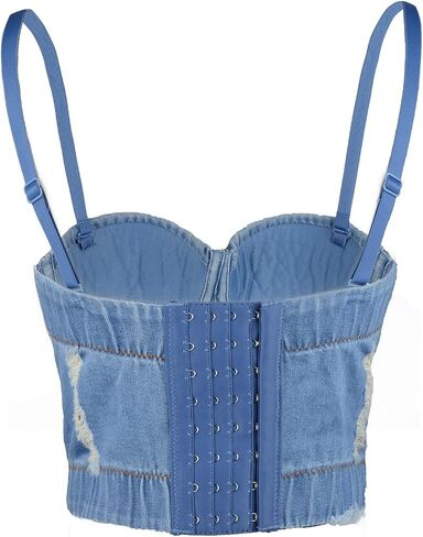 ELLACCI Women's Destructed Denim Bustier Crop Top Jeans Corset Top in Saudi Arabia