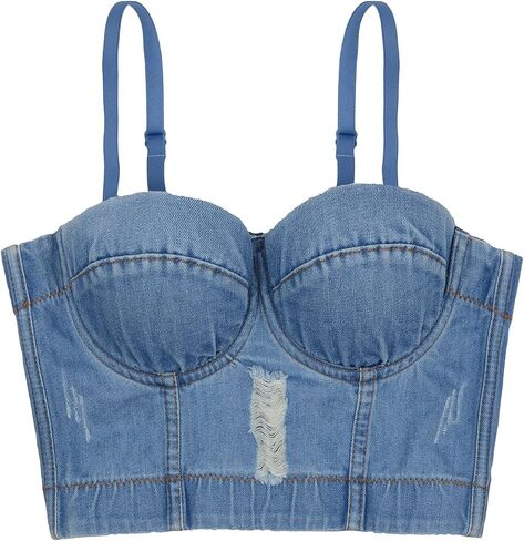 ELLACCI Women's Destructed Denim Bustier Crop Top Jeans Corset Top in Saudi Arabia
