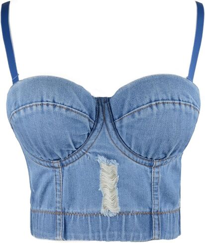 ELLACCI Women's Destructed Denim Bustier Crop Top Jeans Corset Top in Saudi Arabia