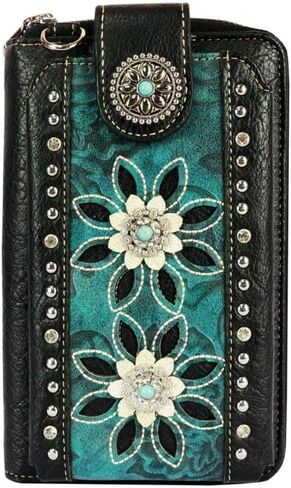 small western Crossbody flower Cell Phone wallet Purse for women Western Tooled PU Leather With Strap and coin pocket in Saudi Arabia