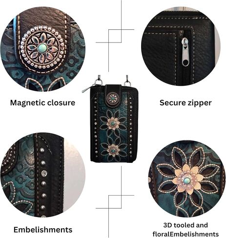 small western Crossbody flower Cell Phone wallet Purse for women Western Tooled PU Leather With Strap and coin pocket in Saudi Arabia
