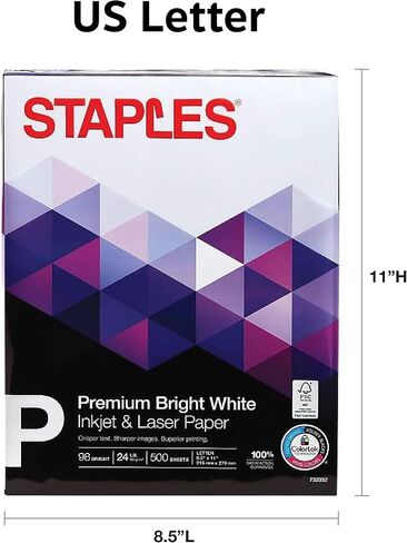 Staples Inkjet & Laser Paper ، 8 1/2 "× 11" ، حالة أبيض مشرق ، 4 حار in Kuwait