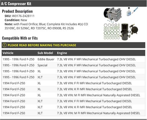 A/C Compressor Kit - Compatible with 1994-1996 Ford F-250 7.3L V8 (Diesel with Fixed Orifice, Blue) in Saudi Arabia