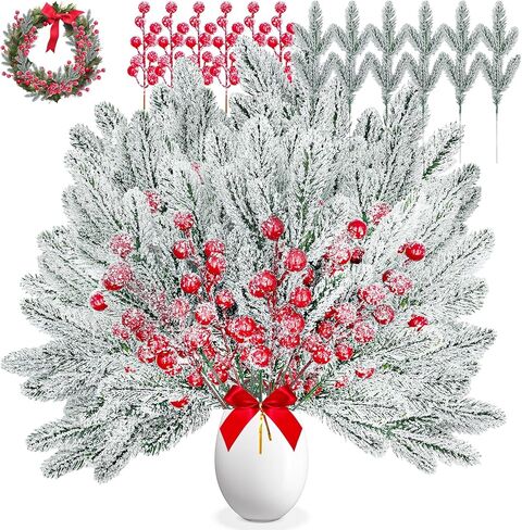 Christmas Greenery Stems 50PCS, Snowy Artificial Pine Stems Frosted Red Berry Stems 10.6" Faux Greenery Pine Branches Christmas Picks for DIY Christmas Garland Wreath Cedar Garland Home Dector (Snowy) in Saudi Arabia