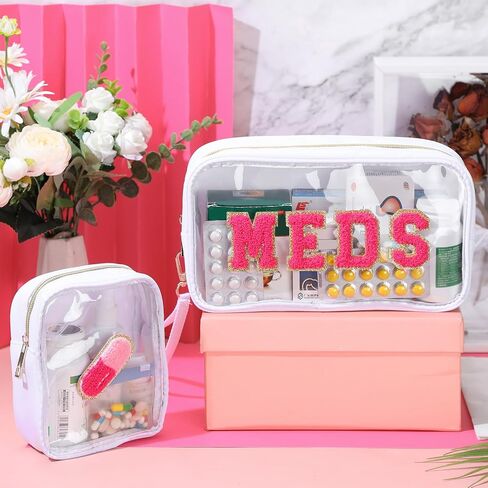 Hillban 2 Pcs Medicine Chenille Letter Bag Preppy Clear Nylon Portable Makeup Meds Cases for Travel PVC Transparent Mini First Aid Storage Bag Gift for Christmas Women(Adorable) in Saudi Arabia