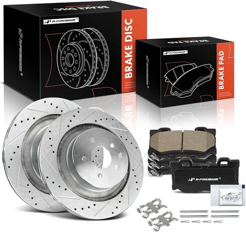 A-Premium 13.78 inch (350mm) Rear Drilled and Slotted Disc Brake Rotors + Ceramic Pads Kit Compatible with Select Nissan and Infiniti Models - 370Z 2009-2020, Z 2023, G37 2008-2013, Q60, 6-PC Set in Saudi Arabia