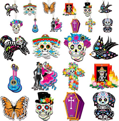 HOWAF 36 قطعة من زخارف الخشب الميت، ديكورات Dia De Los Muertos، علامة خشبية معلقة لديكور مذبح Dia de Los Muertos المكسيكي، زخارف معلقة على شكل جمجمة السكر السوداء للقطط السوداء in Saudi Arabia