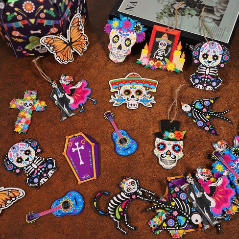 HOWAF 36 قطعة من زخارف الخشب الميت، ديكورات Dia De Los Muertos، علامة خشبية معلقة لديكور مذبح Dia de Los Muertos المكسيكي، زخارف معلقة على شكل جمجمة السكر السوداء للقطط السوداء in Saudi Arabia