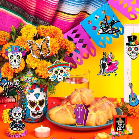 HOWAF 36 قطعة من زخارف الخشب الميت، ديكورات Dia De Los Muertos، علامة خشبية معلقة لديكور مذبح Dia de Los Muertos المكسيكي، زخارف معلقة على شكل جمجمة السكر السوداء للقطط السوداء in Saudi Arabia