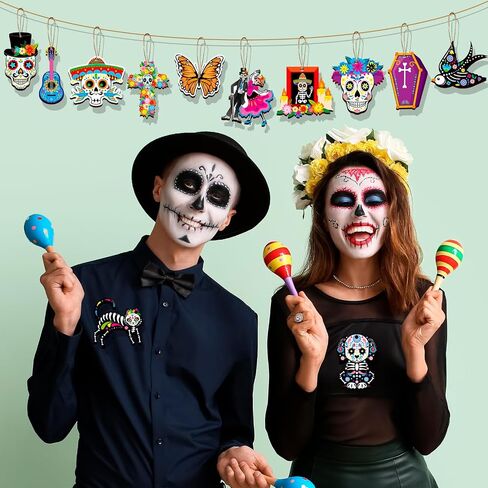 HOWAF 36 قطعة من زخارف الخشب الميت، ديكورات Dia De Los Muertos، علامة خشبية معلقة لديكور مذبح Dia de Los Muertos المكسيكي، زخارف معلقة على شكل جمجمة السكر السوداء للقطط السوداء in Saudi Arabia
