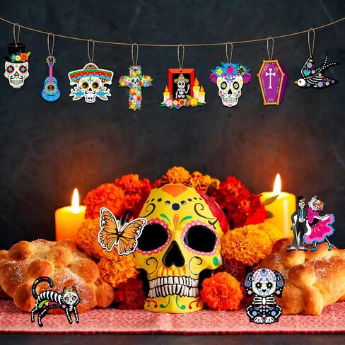 HOWAF 36 قطعة من زخارف الخشب الميت، ديكورات Dia De Los Muertos، علامة خشبية معلقة لديكور مذبح Dia de Los Muertos المكسيكي، زخارف معلقة على شكل جمجمة السكر السوداء للقطط السوداء in Saudi Arabia