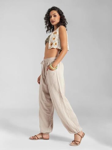 سراويل حريم قطنية بوهو للسيدات من Veshti Company - سراويل يوجا ناعمة - سراويل مناسبة برباط in Kuwait