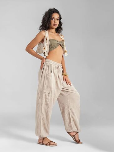 سراويل حريم قطنية بوهو للسيدات من Veshti Company - سراويل يوجا ناعمة - سراويل مناسبة برباط in Kuwait