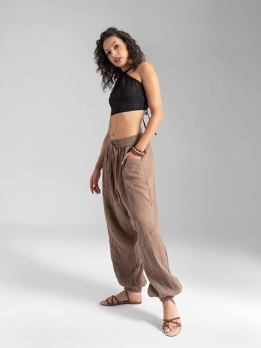 سراويل حريم قطنية بوهو للسيدات من Veshti Company - سراويل يوجا ناعمة - سراويل مناسبة برباط in Kuwait