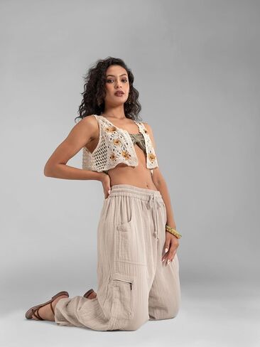 سراويل حريم قطنية بوهو للسيدات من Veshti Company - سراويل يوجا ناعمة - سراويل مناسبة برباط in Kuwait