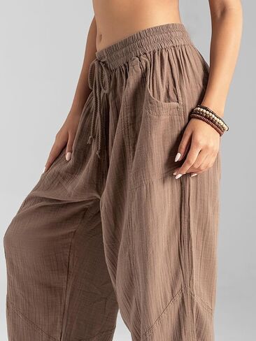 سراويل حريم قطنية بوهو للسيدات من Veshti Company - سراويل يوجا ناعمة - سراويل مناسبة برباط in Kuwait