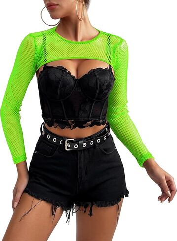 Mesh Long Sleeve Top for Women Mesh Crop Top Rave Outfits for Women Fishnet Top for Festival Club Party in Saudi Arabia